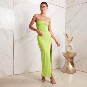 neon green maxi dress This vibrant green strapless