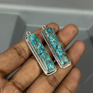 Pendientes de cobre y turquesa, pendientes largos colgantes, pendientes de plata de ley 925, pendientes colgantes de piedras preciosas azules, regalo de joyería del suroeste.