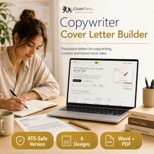 Puede incluir: Un producto digital titulado Copywriter Cover Letter Builder de iQuantTech. La interfaz muestra la pantalla de un portátil con un sitio web para crear cartas de presentación profesionales, con opciones de formato Word, PDF y versiones ATS.