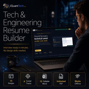 May include: A laptop displaying a Tech & Engineering Resume Builder website with text stating One kit for every technical career under one roof. Below are five icons with labels for 15 Designs, 4 Career Tracks, 15 Editable Word, Unlimited PDF, and Works Offline.