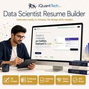 May include: A computer monitor displays the iQuantTech Data Scientist Resume Builder website. The screen shows text including Models in notebooks are hobbies. Deployed is a job. A stack of three books sits nearby, labelled Machine Learning Systems Design, Statistics for Data Science, and Deep Learning Fundamentals.