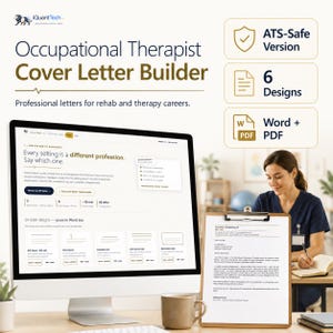 Peut inclure: Un générateur de lettre de motivation pour ergothérapeute affiché sur un écran d'ordinateur, proposant six modèles, un format compatible ATS et des fichiers Word et PDF. L'interface présente des champs de texte et des aperçus de mise en page.