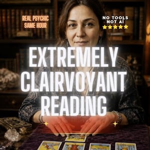 May include: A person with long brown hair sits behind a table with tarot cards. Text reads: REAL PSYCHIC SAME HOUR, NO TOOLS NOT AI, EXTREMELY CLAIRVOYANT READING. The person wears a dark patterned top and bracelets, with hands resting on a purple cloth.