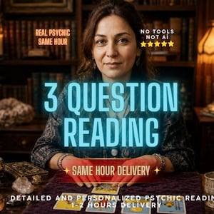 May include: A person sits at a table with tarot cards, featuring text that reads 3 QUESTION READING, REAL PSYCHIC SAME HOUR, NO TOOLS NOT AI, and SAME HOUR DELIVERY. The scene includes candles, crystals, and a lamp in a dimly lit room with bookshelves.