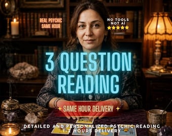 May include: A person sits at a table with tarot cards, featuring text that reads 3 QUESTION READING, REAL PSYCHIC SAME HOUR, NO TOOLS NOT AI, and SAME HOUR DELIVERY. The scene includes candles, crystals, and a lamp in a dimly lit room with bookshelves.