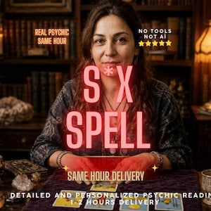 May include: A person with long brown hair sits at a dark wooden table with tarot cards, candles, and crystals. Text overlays read: REAL PSYCHIC SAME HOUR, NO TOOLS NOT AI, S*X SPELL, SAME HOUR DELIVERY, DETAILED AND PERSONALIZED PSYCHIC READING 1-2 HOURS DELIVERY.