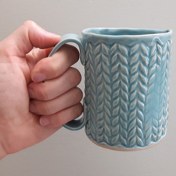 Knit textured mug - turquoise - hand built pottery