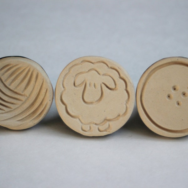 Set of three cookie stamps - Fiber Friends - sheep, button, yarn