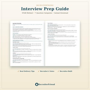 Peut inclure: Un document numérique intitulé Interview Prep Guide par RecruiterFriend, présentant la méthode STAR et 7 catégories de questions. Le texte décrit des techniques d'entretien comportemental, des questions courantes et des conseils de présentation.
