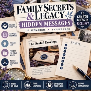 Puede incluir: Un kit de juego de misterio titulado Family Secrets & Legacy Hidden Messages que incluye 10 escenarios con 8 pistas cada uno. El conjunto contiene tarjetas impresas, un archivo de caso titulado The Sealed Envelope, una lista numerada y un bolígrafo.