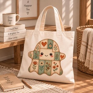 Patchwork Ghost PNG, Faux Embroidery Digital Download | Halloween Sublimation Design