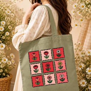 Floral Patchwork Tote Bag Design, 3x3 Flower Grid PNG Digital Download