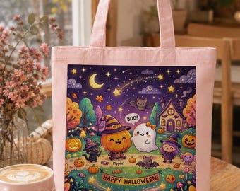 Ghost Pumpkin PNG, Kawaii Halloween Tote Bag Design With Transparent Background
