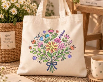 Flower Bouquet PNG, Colorful Folk Floral Digital Download | Tote Bag Design