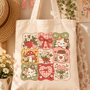 Download digitale PNG Kawaii Cute Patchwork, design Cottagecore Gatto Fungo Fragola Sublimazione, clipart grafica Borsa Tote Estetica