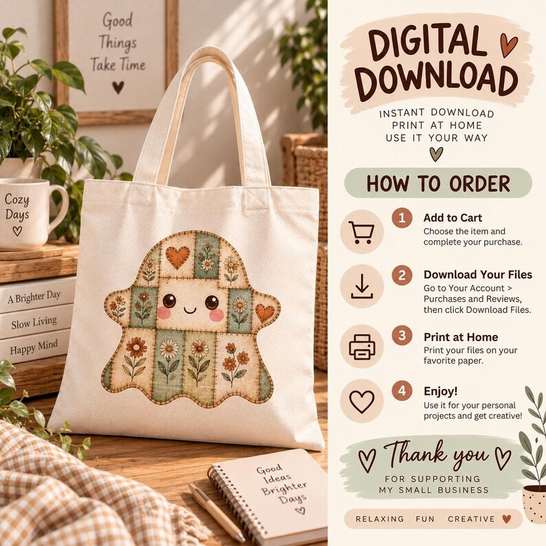 A promotional digital graphic showing a canvas tote bag with a patchwork ghost print alongside instructions on how to order and download the digital file.