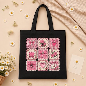 Kawaii Retro Patchwork PNG, Pink Bow Tote Bag Design | 300 DPI Digital Download