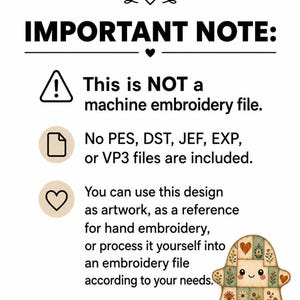 An informational digital graphic stating that this is not a machine embroidery file, featuring text outlining included formats and a small picture of the patchwork ghost design in the corner.
