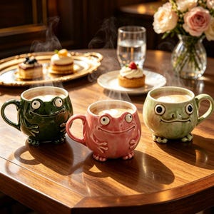 May include: Three ceramic mugs shaped like frogs, each featuring a handle, protruding eyes, and small feet. One mug is dark green, one is light pink, and one is pale green. Each mug contains a hot beverage with visible steam rising from the top.