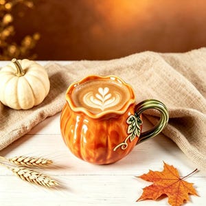 Peut inclure: Une tasse en céramique en forme de citrouille avec une finition orange brillante, un bord festonné et une anse verte ornée d'une feuille. La tasse est remplie d'une boisson au café avec un motif de latte art en forme de cœur blanc.