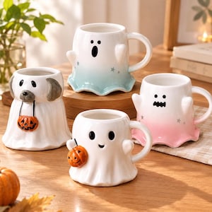 May include: A collection of four ceramic mugs shaped like ghosts and a dog dressed as a ghost. One ghost mug has a blue gradient base, another has a pink gradient base, and a third holds a small orange pumpkin. The dog mug also holds a pumpkin.