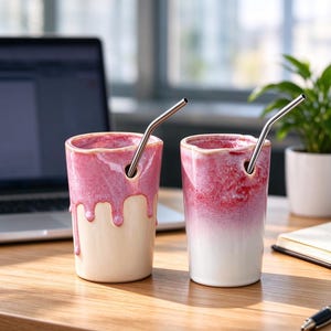 Copo de cerâmica rosa degradê com canudo, feito à mão, para café, decoração estética de cozinha, presente charmoso para amantes de café.
