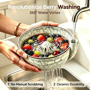 Könnte beinhalten: Eine Keramikschale zum Beerenwaschen mit weißer Rissoptik und einem zentralen Kegel, ausgestattet mit einem seitlichen Ausguss für den Wasserzulauf. Die Schale enthält Erdbeeren, Blaubeeren und Weintrauben. Text: Revolutionize Berry Washing, 360° Water Vortex, 1 No Manual Scrubbing, 2 Ceramic Durability.
