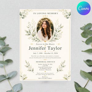 Può includere: Un programma per servizio commemorativo con una foto ovale, circondato da foglie verdi ad acquerello e dettagli dorati. Il testo include IN LOVING MEMORY, Forever in Our Hearts, Jennifer Taylor, July 7, 1990 - October 15, 2024.