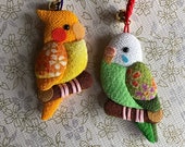 Chirimen Fabric Charm Accessories 2 BIRDS Japaese Strap Netsuke Parakeet and Parrot