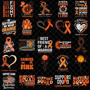 Può includere: Una collezione di venticinque grafiche a tema arancione su sfondo nero, con nastri per la consapevolezza della leucemia e del linfoma, girasoli, cuori e slogan come Support Squad e In September We Wear Orange.