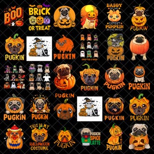Pode incluir: Uma coleção de designs gráficos digitais com pugs e abóboras para o Halloween. As imagens incluem várias ilustrações de pugs fantasiados, sentados em abóboras, e elementos de texto como PUGKIN, BOO e BRICK OR TREAT.