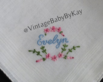 Evelyn Monogram Vintage White Wedding Hanky Embroidered Handkerchief, Blue Pink Green Embroidery Name Evelyn Hankie, Something Blue