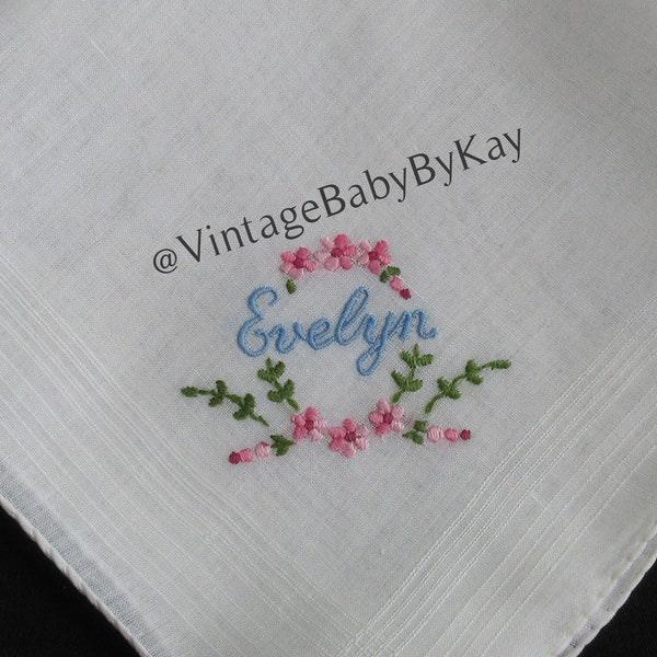 Evelyn Monogram Vintage White Wedding Hanky Embroidered Handkerchief, Blue Pink Green Embroidery Name Evelyn Hankie, Something Blue