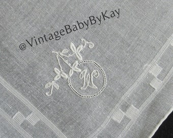 W Monogram Hanky Vintage White on White Cotton Wedding Handkerchief with Petite Size Monogram, Something Old, Woven Border, Gift Hankie W