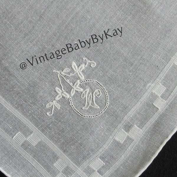 W Monogram Hanky Vintage White on White Cotton Wedding Handkerchief with Petite Size Monogram, Something Old, Woven Border, Gift Hankie W