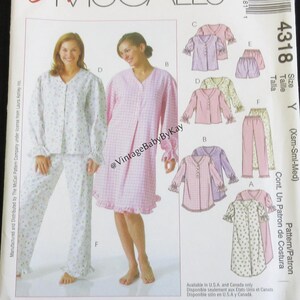 May include: A McCall's 4318 sewing pattern envelope for Laura Ashley sleepwear. The front shows illustrations of button-front tops, pants, and a nightgown in floral and gingham prints. Text includes Easy McCall's, 4318, Size Y, and Laura Ashley.