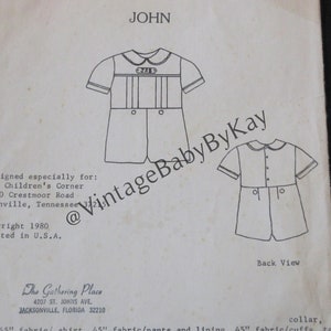 May include: A sewing pattern envelope titled The Children's Corner Patterns for a garment named John, size 1. The front shows a line drawing of a short-sleeved shirt with a collar and shorts, including front and back views, fabric requirements, and notions.
