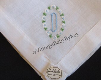 D Monogram Hanky Vintage White Cotton Handkerchief Blue Monogram Daisy Embroidery, Something Old Wedding Hankie, Gift Hankie Letter D Unused