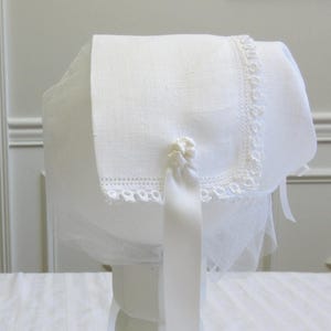 Small Heirloom Hanky Bonnet White Linen with Tatting and Hemstitching, Christening Dedication Bonnet 10 7/8" Newborn Baby Shower Gift