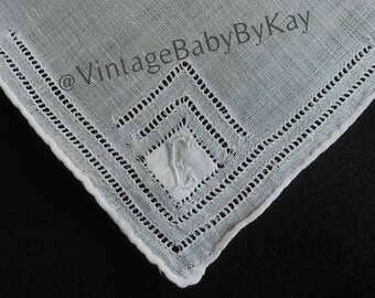 E Monogram Vintage White Wedding Hanky White on White Embroidery and Madeira Style Applique Handkerchief Something Old, Gift Hankie E