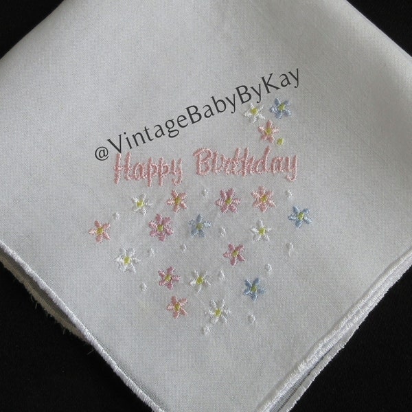 Happy Birthday Hanky Sheer White Handkerchief Dainty Pastel Embroidery, Pink Blue Lavender Birthday Gift Hanky, Vintage Card Enclosure
