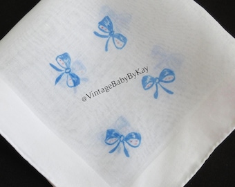 White Cotton Hanky with Blue Bows Print, Wedding Handkerchief Vintage Something Old