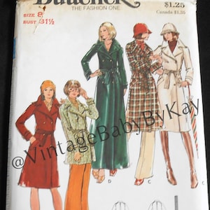 May include: Butterick 3332 sewing pattern envelope featuring illustrations of four different coat styles. The text includes Butterick, The Fashion One, size 8, and bust 31.5 inches. The illustrations show various trench coat designs in red, green, plaid, and white.