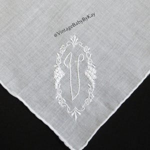 V Monogram Hanky Vintage White on White Cotton Wedding Handkerchief Something Old Personalized Gift Letter V