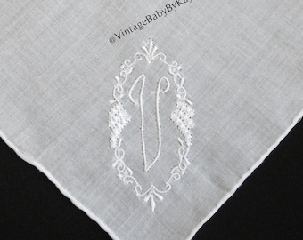 V Monogram Hanky Vintage White on White Cotton Wedding Handkerchief Something Old Personalized Gift Letter V