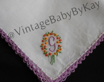 G Monogram Hanky Vintage White Linen Wedding Handkerchief Purple Crochet Lace, Purple Yellow Orange Embroidery, Something Old, Gift Letter G