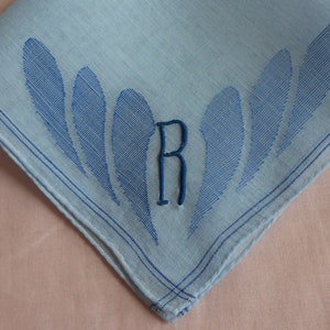 R Monogram Vtg Light Blue Hanky Wedding Handkerchief Royal Blue Embroidery Something Old Something Blue Woven Abstract Design, Gift Letter R