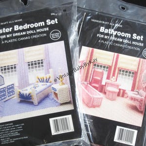 Doll House Furniture Plastic Canvas Kits by Needlecraft Ala Mode #DH-5 Bathroom OR DH-3 Bedroom, Sealed Vintage 90s
