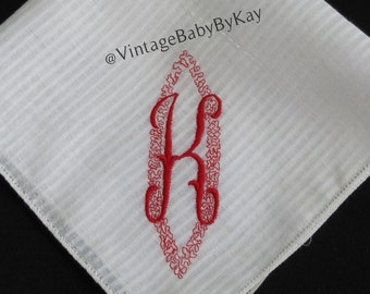 K Monogram Handkerchief Vintage Embroidered Red Initial on White Cotton Leno Weave Fabric, Something Old Tears of Joy Wedding Hankie, Gift K