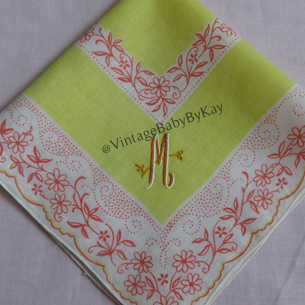 M Monogram Vintage Print Hanky with Embroidered Initial, Bright Orange Yellow Border Handkerchief, Something Old Wedding, Bridesmaid Gift